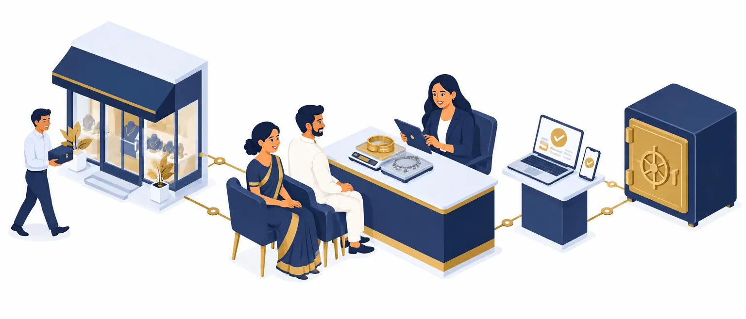 Isometric illustration of a branch where a loan officer assesses gold and silver jewellery on scales for a borrower couple, linked to a vault and an approval screen.
