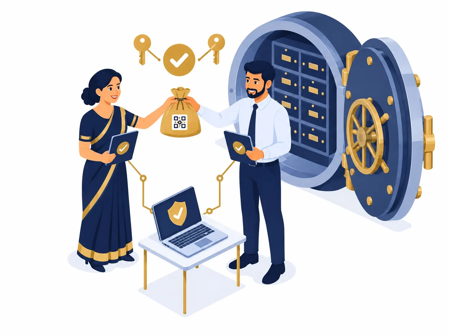 Isometric illustration of a loan officer and vault custodian jointly handing over a sealed, QR-tagged gold pouch at an open vault, both confirming on tablets.