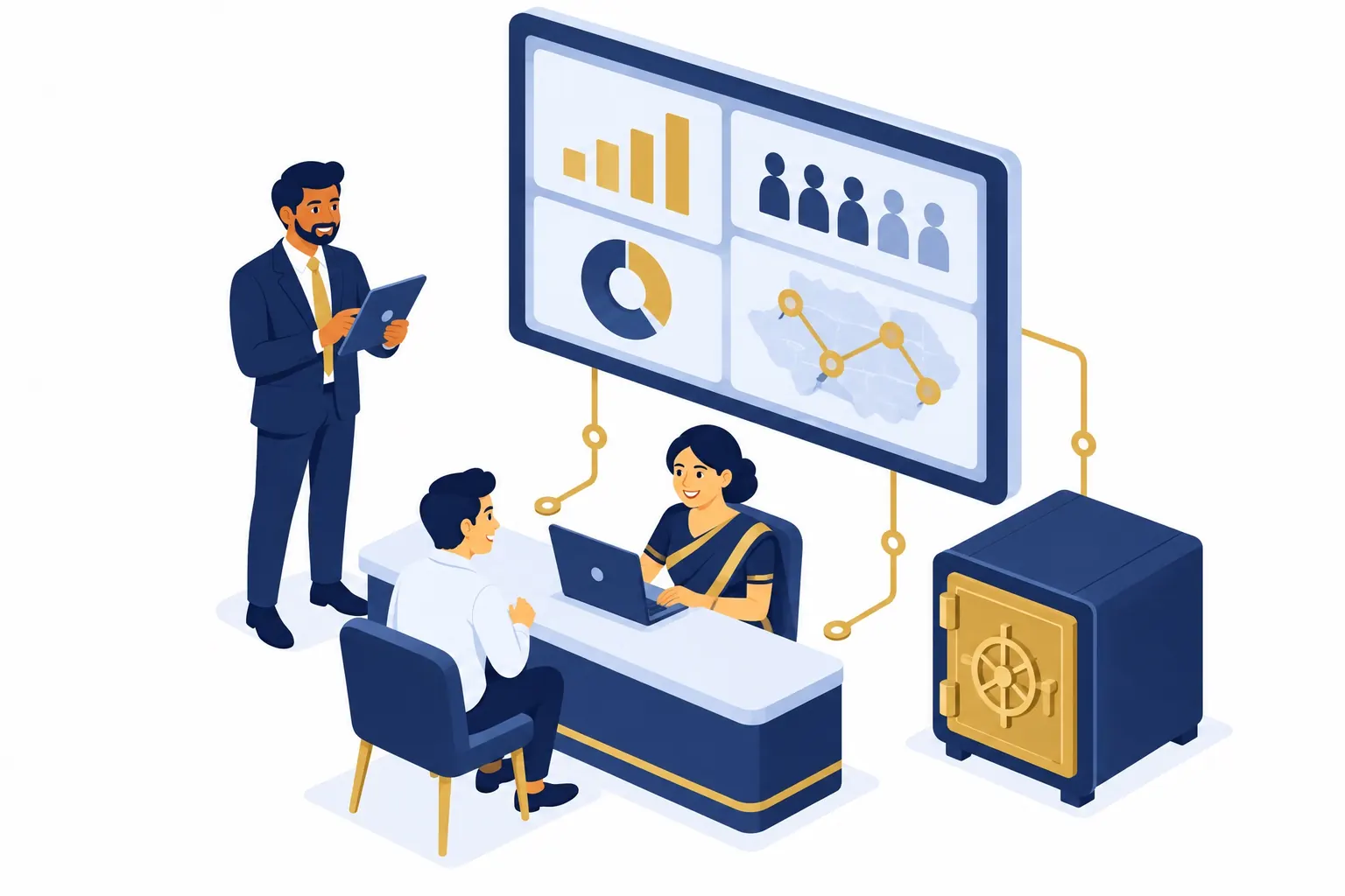 Isometric illustration of a branch manager with a tablet watching a live branch dashboard while an officer serves a customer at the counter.