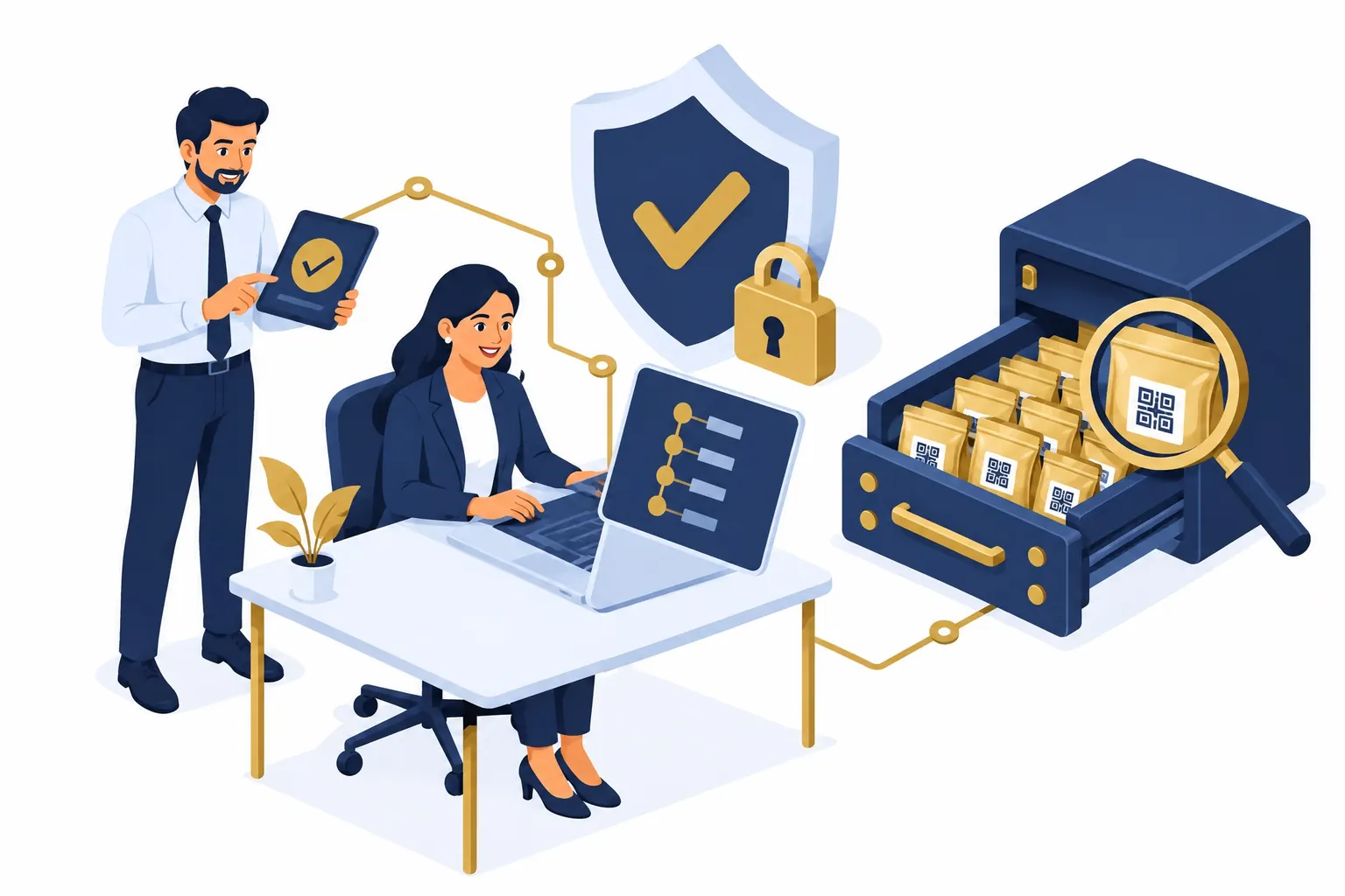 Isometric illustration of an auditor reviewing a custody audit trail on a laptop while a colleague confirms sealed, QR-tagged pouches in a vault drawer.