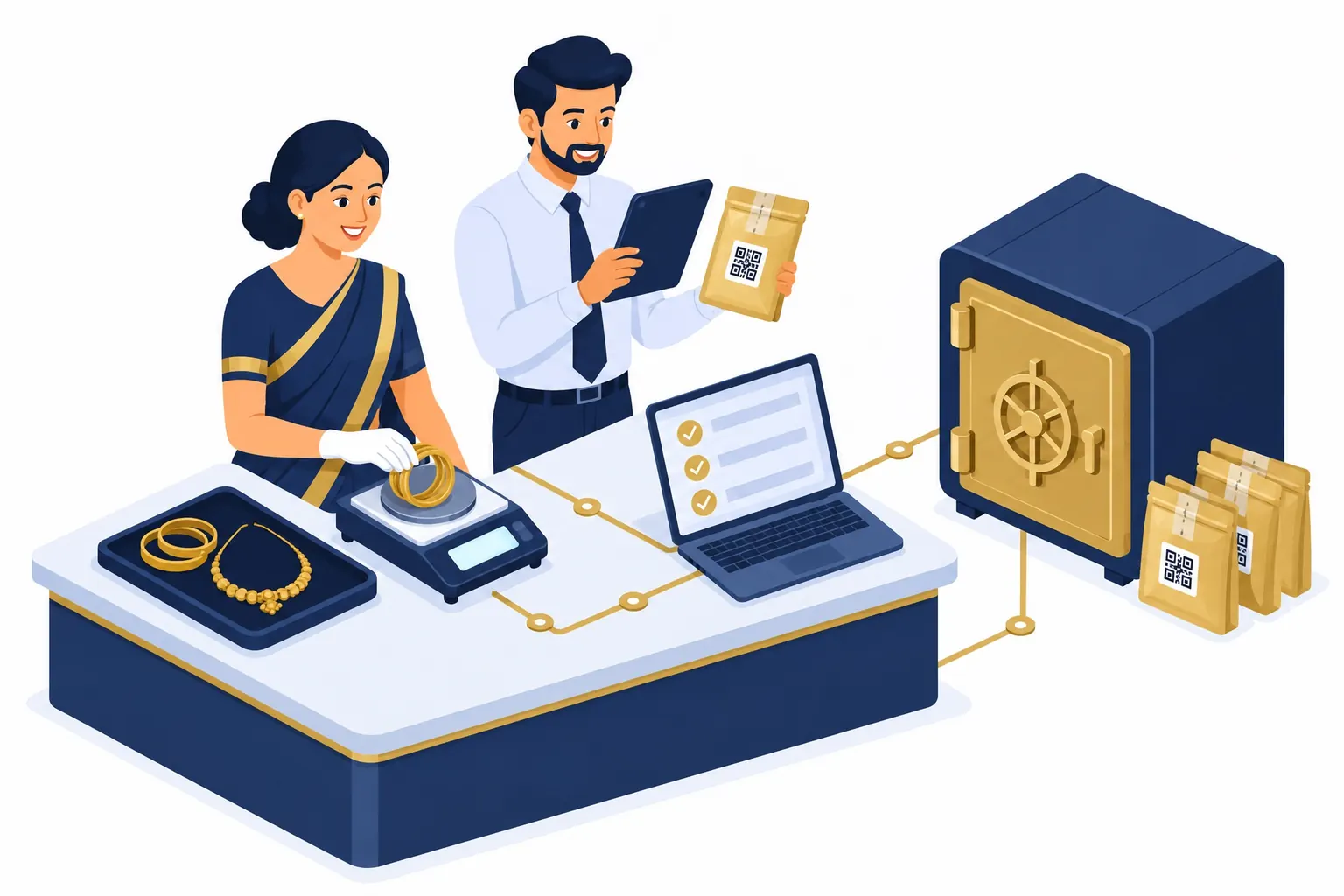 Isometric illustration of an appraiser weighing gold bangles on a precision scale while a colleague scans the QR tag on a sealed pouch with a tablet.