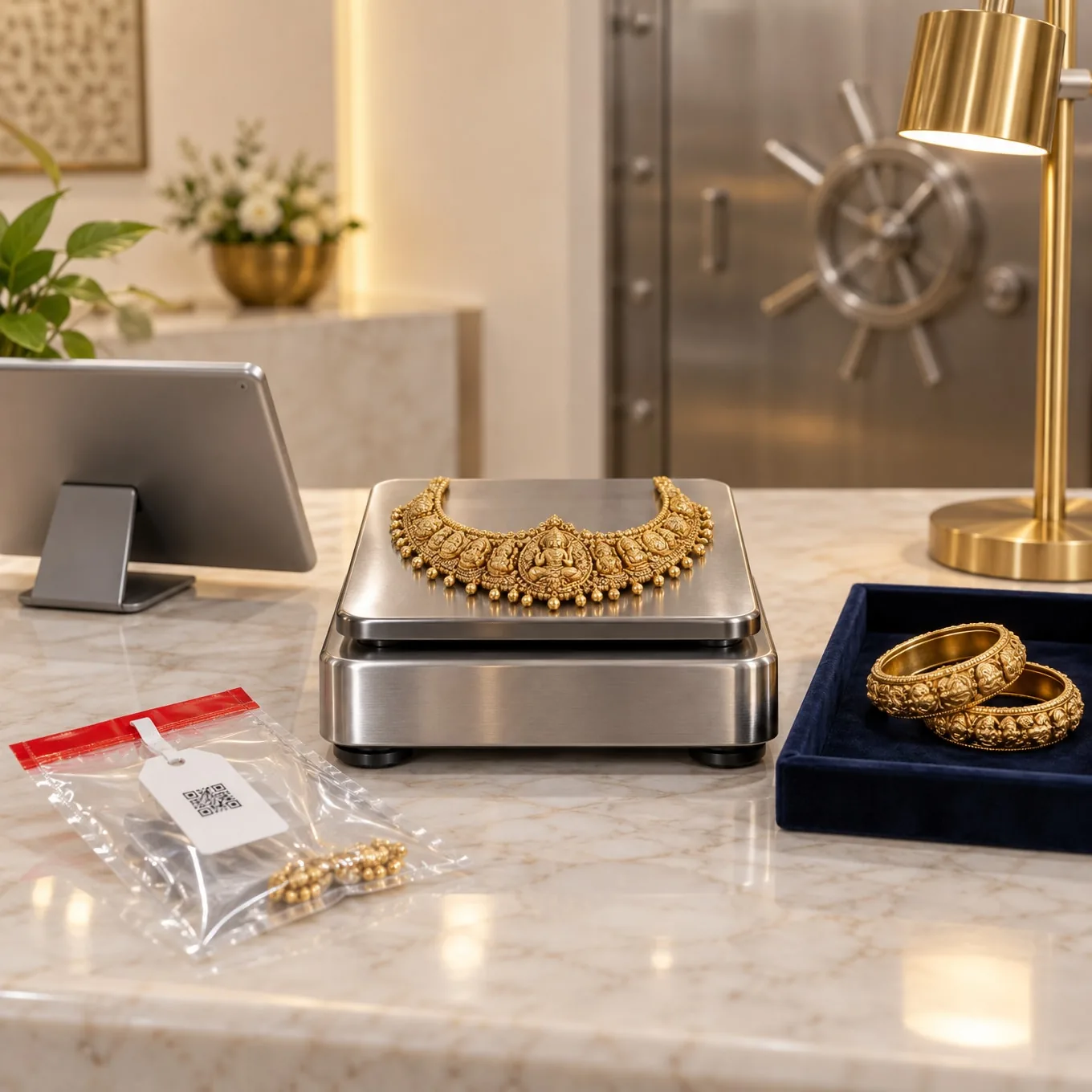 Gold temple necklace on a precision scale beside carved bangles and a sealed, QR-tagged collateral pouch at a bright branch counter.