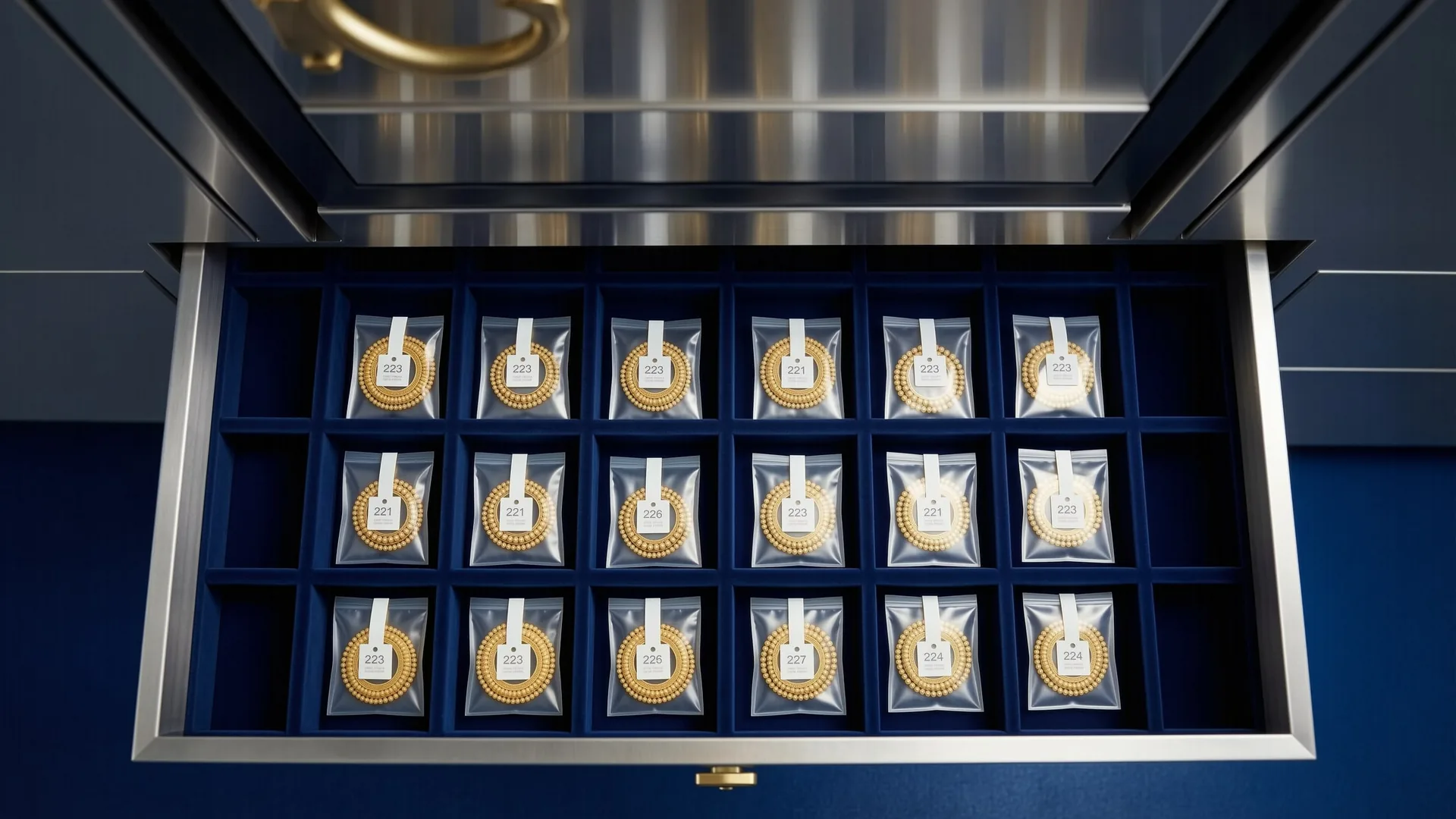 Vault drawer holding sealed, numbered tamper-evident pouches of pledged gold jewellery.