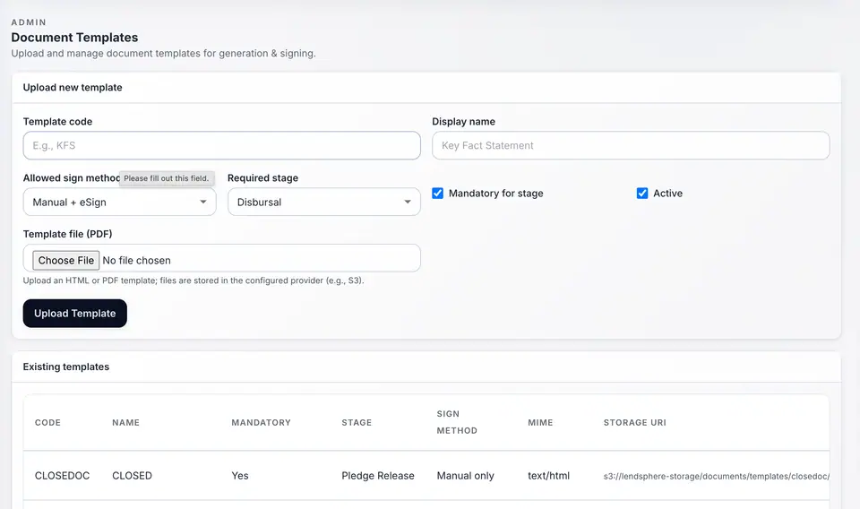 Document templates page with upload form and existing template list.