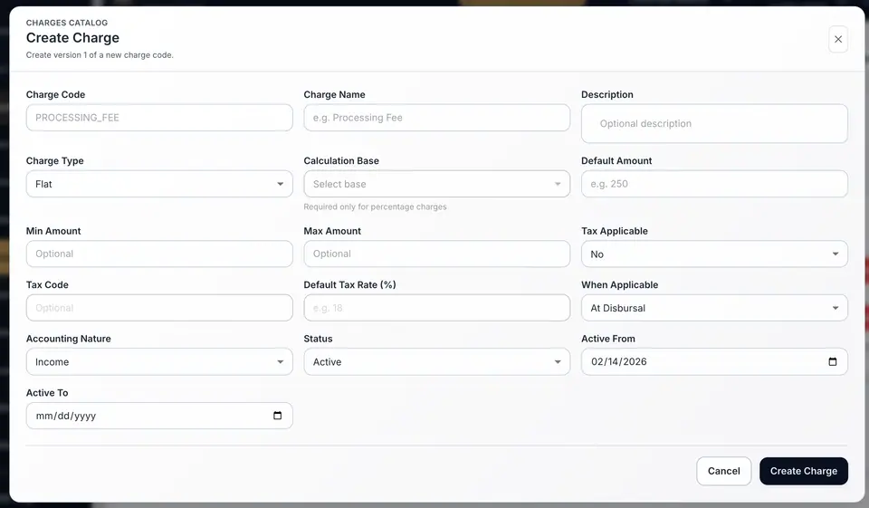 Create charge modal with code, amount, tax, and status fields.