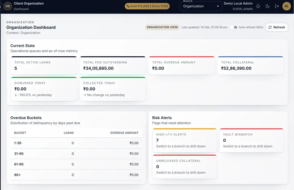 Organization dashboard with current state metrics and risk alerts.
